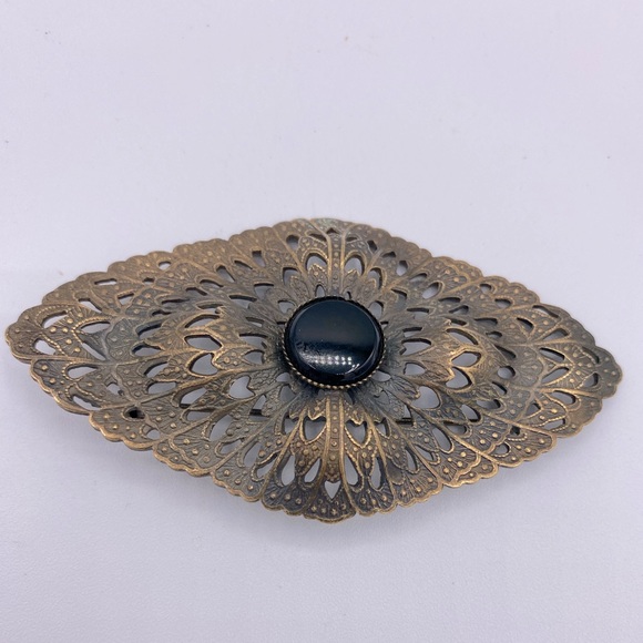 Unique Vintage Jewelry - Vintage Victorian Antique Gold Toned Filigree Statement Brooch With Black Stone